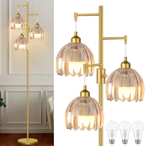 Vista 14 de Lámparas de pie doradas para sala de estar dormitorio - Lámpara de pie de vidrio de 3 luces con tres bombillas LED, lámpara de pie alta rústica