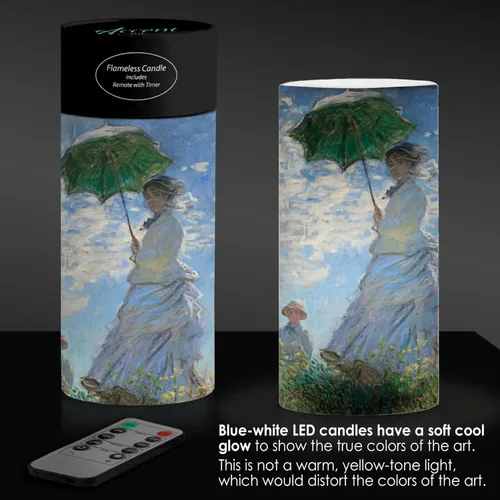 Vista 3 de RainCaper Luz LED parpadeante sin llama de 6 pulgadas de cera de pilar Artist Monet Mujer con sombrilla Funciona con pilas Control remoto