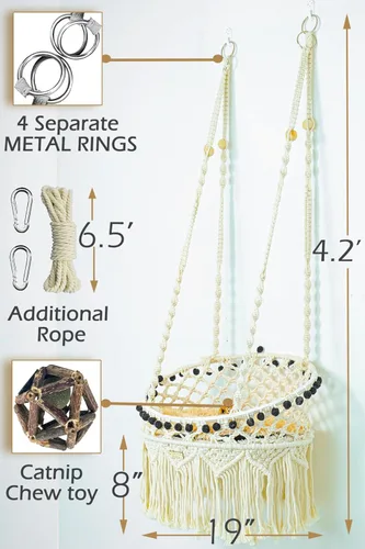 Vista 5 de KARCEEY Hamaca de macramé para gatos, cama colgante para pared y ventana, columpio bohemio con kit completo de herramientas y juguete de pezón