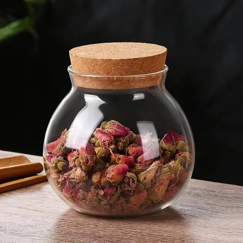 Vista 6 de Juego de 2 tarros redondos de vidrio con tapa de corcho, tarro de almacenamiento de cocina de 17 onzas, perfecto para té, galletas, cereales