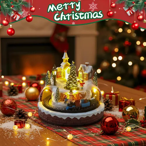 Vista 4 de Decoración de aldea navideña con tren giratorio y árbol de Navidad, edificios coleccionables musicales, 8 canciones, luces LED, función