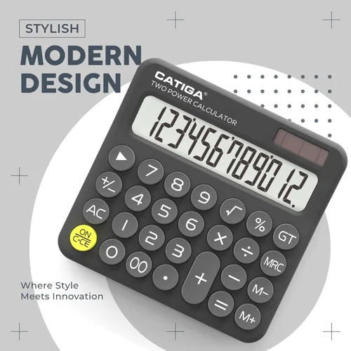 Vista 6 de Calculadora CATIGA con interruptor mecánico con energía dual solar y batería, pantalla LCD grande de 12 dígitos, calculadora de escritorio estética