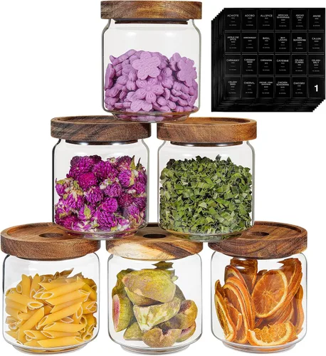 Vista 19 de Frascos de vidrio para café, tarros para especias, frasco de almacenamiento redondo con tapa de madera, frasco de vidrio transparente para alimentos
