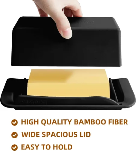 Vista 6 de Plato de mantequilla de bambú con tapa, cuchillo, gran contenedor de mantequilla para encimera y refrigerador, contenedor con asa para 2 barras
