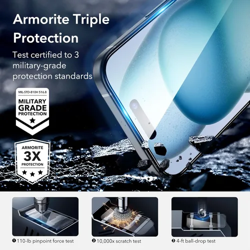 Vista 2 de ESR Paquete de 3+2 protectores de pantalla para iPhone 15, dureza 9H, grado militar inastillable, cobertura completa, película de vidrio templado