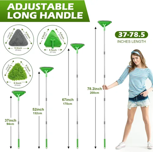 Vista 5 de Trapeador Triangular Limpiador de Paredes con Mango Largo de 82'' - Cepillo Limpiador de Paredes, Herramienta de Limpieza con 4 Almohadillas de Verde
