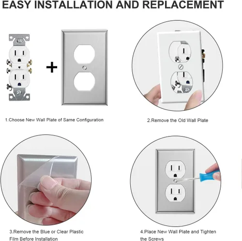 Vista 5 de Paquete de 4 cubiertas de salida de placa de interruptor de pared dúplex individual – Cubiertas de placa de salida de receptáculo de acero