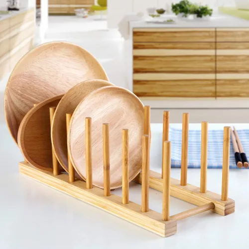 Vista 6 de Lawei 4 Pack Bamboo Dish Drying Rack, Plate Rack Stand Pot Lid Holder, Dish Organizer Racks for Plates, Cups, Bowls, Cutting Board, Drying Rack