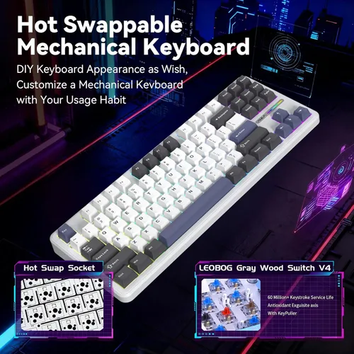 Vista 5 de Aula F87 Pro Wireless Mechanical Keyboard, Tri-Mode Bluetooth2.4GUSB-C Hot-Swappable RGB Gaming Keyboard, Gasket Mount, 4000mAh, for WindowsMac