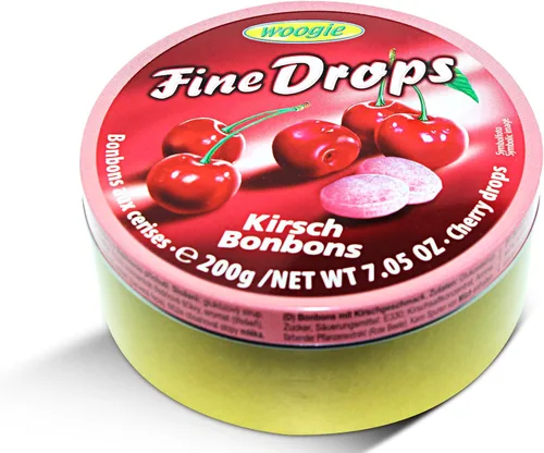 Woogie, Gotas finas alemanas lijadas caramelo cereza lata 7.05 oz (Kirschgeschmack) (4 piezas)