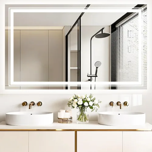 Vista 9 de Espejo LED de 24 x 32 pulgadas para baño con luz frontal y retroiluminada, espejos digitales para pared, antiniebla, regulable continuo, espejo