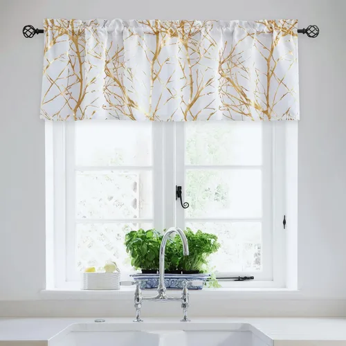 Vista 10 de FMFUNCTEX Cortina de cenefa 100% opaca en blanco y negro para cocina, baño, 18 pulgadas de largo, estampado de ramas de árbol, sala de estar