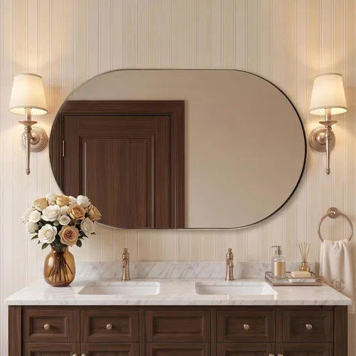 Vista 24 de ANDY STAR Espejo ovalado de 24x32 pulgadas, espejo ovalado negro de diseño en forma de píldora en marco de metal de acero inoxidable para baño