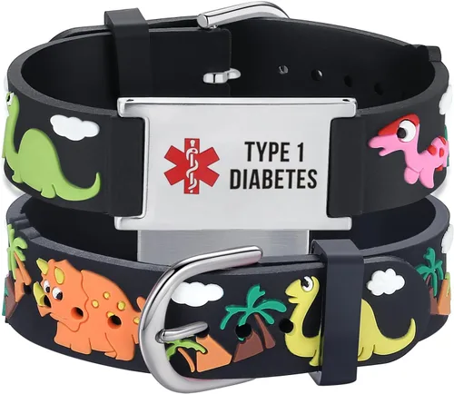 Vista 22 de LinnaLove Medical Alert ID Bracelet – Custom or Pre-Engraved, QR Code Available,Blue Dinosaur Band