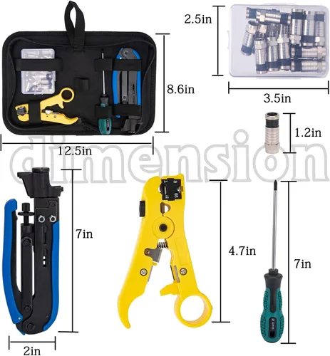 Vista 5 de Kit de crimpadora de cable coaxial RG6, herramienta de compresión coaxial ajustable RG6 RG59 RG11 75-5 75-7, pelacables coaxiales, kit de crimpadora