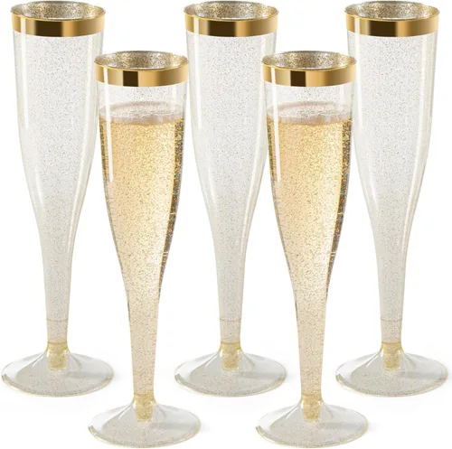 36 copas de champán de plástico, vasos de plástico de 6.5 onzas, borde dorado y purpurina dorada, decoración de brunch, flautas de plástico