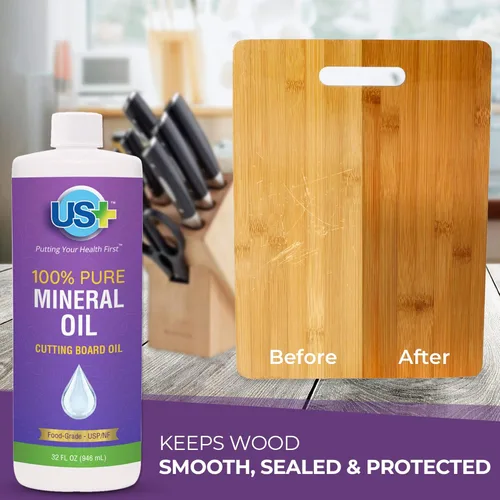 Vista 4 de US+ Aceite mineral 100% puro, aceite para tabla de cortar, grado alimenticio, USP, Kosher, sin OMG, restaura y protege las tablas de cortar, bloques