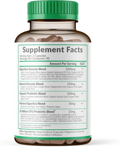 Vista 2 de Digestive Enzymes 1000MG Plus Suplemento de prebióticos y probióticos, 180 cápsulas, fórmula vegana orgánica a base de plantas para una mejor