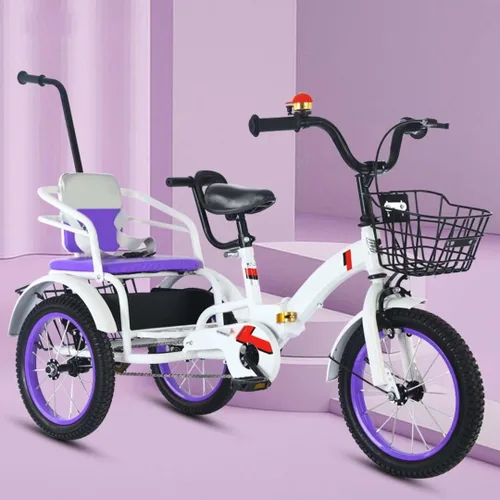 Folding Toddler trikes with Parent Handle,3-10 Years Tandem tricycles with Rear Passenger seat,Height Adjustable Saddle with armrest,3 Wheeler Pedal