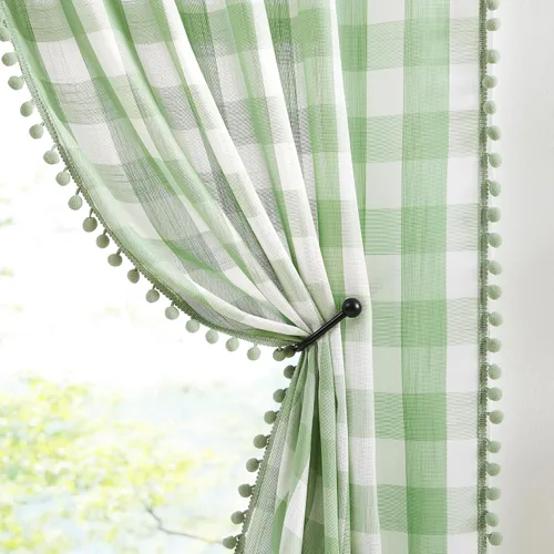 Vista 16 de Treatmentex Cortinas a cuadros blancos y negros de 45 pulgadas, con pompones, semitransparentes, para sala de estar, dormitorio, cortinas rústicas