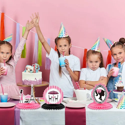 Vista 7 de 10 piezas de decoración de fiesta de París, centro de mesa de panal de abeja de París, decoración de mesa rosa para suministros de fiesta