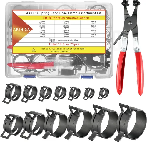 AKIHISA 75Pcs Kit surtido de abrazaderas de manguera de banda de resorte de 19-38mm con llaves de abrazadera de manguera, 13 tamaños de clip de