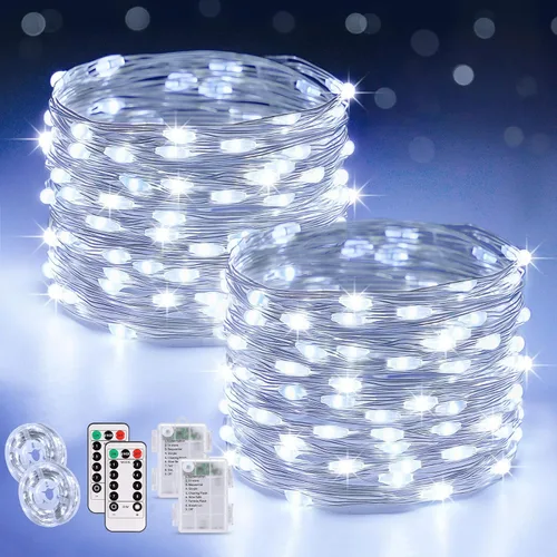 Vista 10 de JMEXSUSS Paquete de 2 luces de hadas de Navidad que funcionan con pilas con control remoto, total 200 LED 66 pies luces de cadena parpadeantes