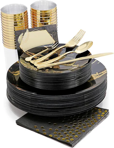 N9R 225 platos de plástico negro dorado, juego de vajilla desechable incluye 25 platos llanos, 25 platos de postre, 25 cubiertos de plástico, 25