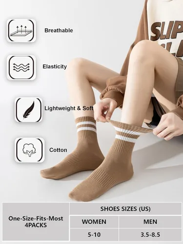 Vista 3 de YUWELL Calcetines crew a rayas para mujer, calcetines casuales de algodón cómodos para mujer, 4 pares, talla 5-10