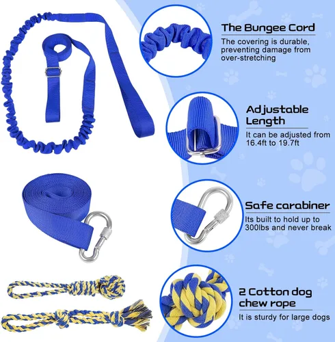 Vista 2 de XiaZ Juguete de tira y afloja para perros, juguete interactivo para perros, cuerda elástica para colgar con 2 juguetes de cuerda para masticar, Azul