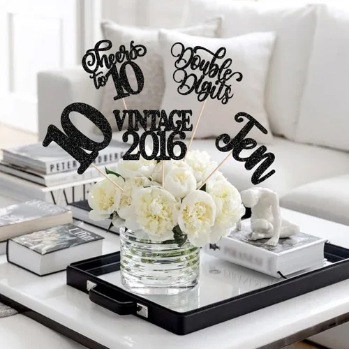 Vista 7 de 15 piezas de centro de mesa de feliz cumpleaños número 10 palos de diez dígitos dobles vintage 2015 centros de mesa de flores palos saludos a 10