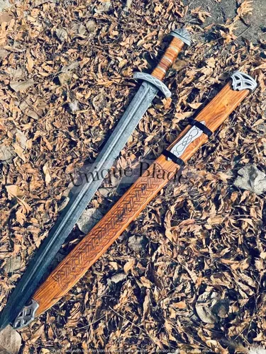 Vista 7 de Espada vikinga, 101.6 cm, acero damasquino 1095 de filo completo, vaina de madera, ranuras de sangre, colección de campo de batalla