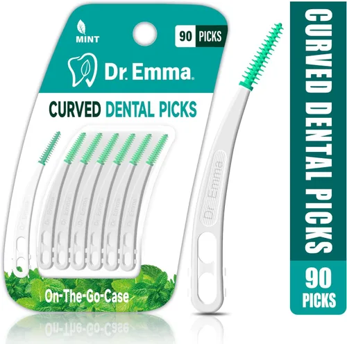 Vista 2 de Dr. Emma Púas dentales de menta curvadas suaves de goma para dientes, fáciles de usar con estuche de transporte, 90