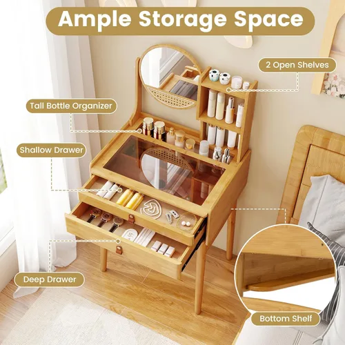Vista 4 de Escritorio de tocador bohemio con espejo, mesa de tocador de maquillaje de bambú con 2 cajones de almacenamiento, estantes de gabinete y mesa
