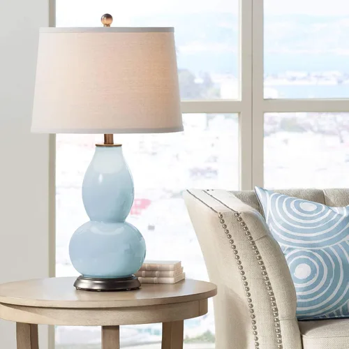Vista 24 de Color + Plus Double Gourd 28 3/4" Tall Modern End Table Lamp Placid Blue Bronze Finish Glass Single Fabric Off-White Shade Living Room Bedroom