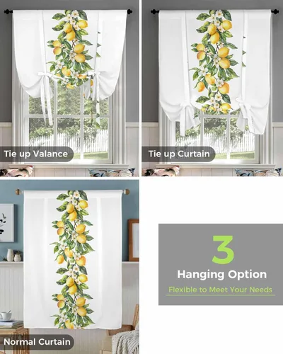 Vista 4 de Cortina de ventana con diseño de hojas verdes limón amarillas, cortinas ajustables de 34 x 45 pulgadas para sala de estar, dormitorio, cafetería