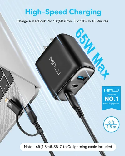 Vista 2 de MINLU GaN - Bloque de cargador USB C de 65 W, cargador de pared compacto de 3 puertos tipo C con cable USB-C/L 2 en 1 de 6 pies, 100 W, carga rápida