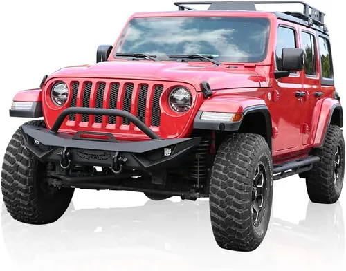Vista 9 de JROAD Compatible con Jeep Wrangler, parachoques delantero con luces LED, 2 anillos en D, placa de cabrestante, 2018-2025JL y JLU (2/4 puertas)