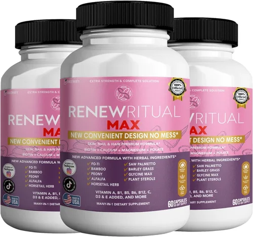 Vista 6 de Renew Ritual Max, Suplemento para uñas de piel y cabello, 60 cápsulas, vitaminas A B C D E con biotina (2)