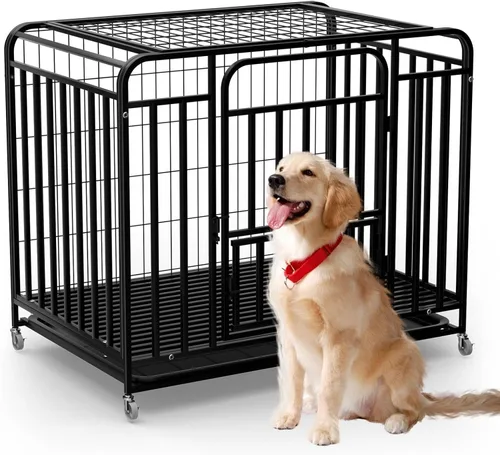 Heavy Duty Dog Crate 52 Feet - Double Door, Movable Tray, Dog Crates for Large Dogs with 4 Casters for Movement, Black