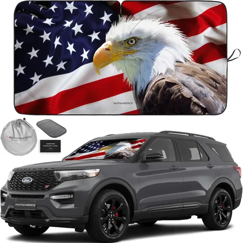 Vista 33 de Autoamerics Parasol para parabrisas de 1 pieza, diseño de camuflaje marrón con bandera estadounidense de Estados Unidos, parasol plegable