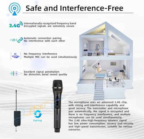 Vista 8 de Sistema de micrófono inalámbrico, micrófonos cardioides de mano duales con DSP, pantalla LCD, 2.4 GHz, para karaoke, sistema de audio, micrófono