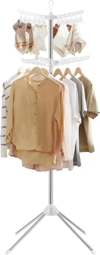 Vista 14 de SONGMICS ULLR510B01 - Estante de secado de ropa plegable de 59 pulgadas con 3 brazos giratorios para perchas, 4 patas, acero inoxidable, para 27