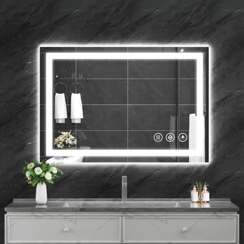 Vista 13 de Koonmi - Espejo de baño LED de 32 x 24 pulgadas, con luz trasera + luz frontal, espejo de baño LED con luces para pared, 3