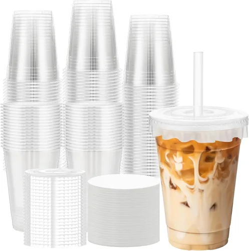 Vista 9 de Paquete de 100 vasos de plástico de 12 onzas con tapas y pajitas, tazas de café helado desechables transparentes para bebidas frías, batidos