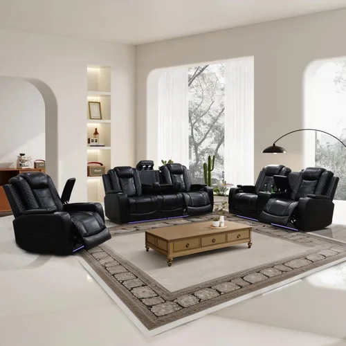 Vista 48 de Juego de sofá reclinable eléctrico para sala de estar, sofás reclinables de cuero blanco crema con puerto USB, sofá de cuero con sillón reclinable