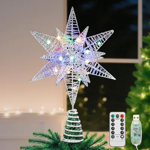 Vista 10 de Lewondr - Estrella para punta de árbol de Navidad de 15.35 pulgadas, 20 luces LED, USB y control remoto, diseño de estrella de Belén Polaris