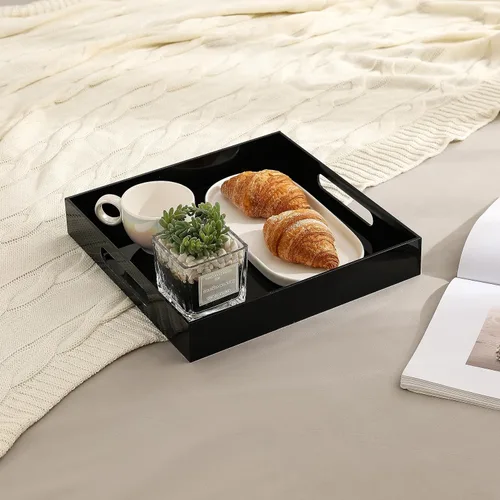 Vista 5 de Bandeja de servir acrílica resistente y brillante en negro con asas - 12x12 pulgadas - Bandeja para servir café, aperitivos, desayuno, mayordomo