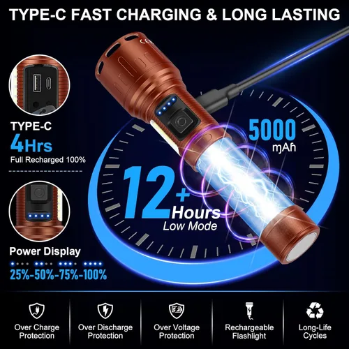 Vista 5 de Linternas magnéticas recargables de alto lúmen, linterna LED superbrillante y potente de 8 modos con luz de trabajo COB, linterna impermeable