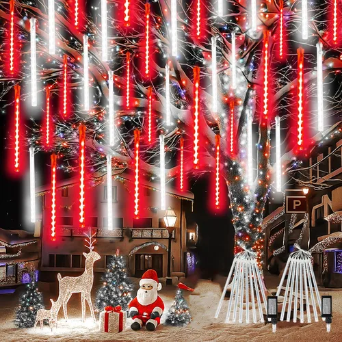 Vista 10 de SANJICHA Paquete de 2 luces de Navidad extensibles de lluvia de meteoritos al aire libre, 16 tubos 384 LED enchufables para decoración de Navidad